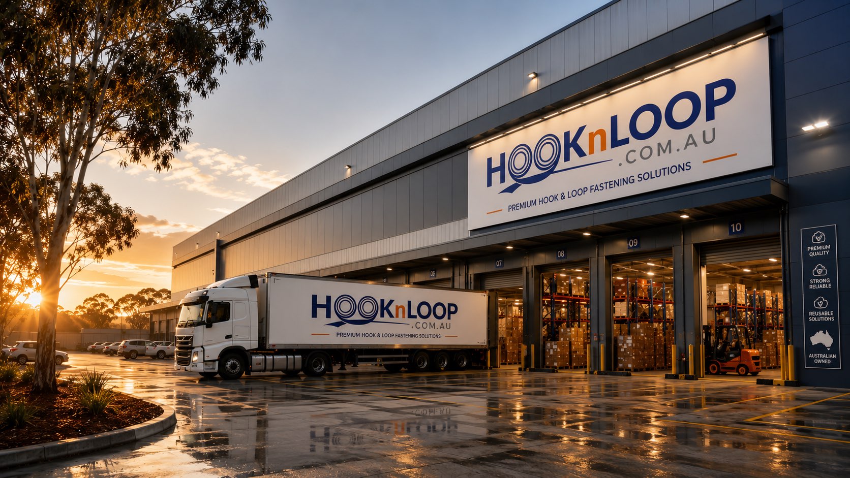 The HooknLoop warehouse at dawn, with a HooknLoop truck at the loading docks