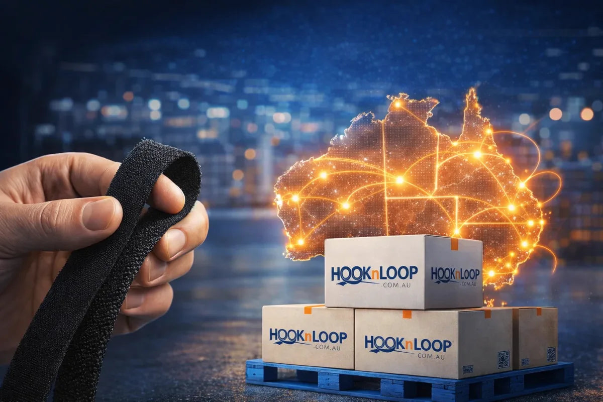 Hook-and-loop tape beside a map of Australia and HooknLoop delivery boxes on a pallet