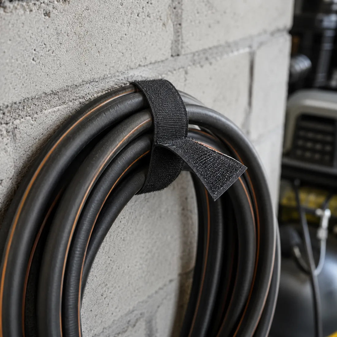 An air hose cinched to the workshop wall