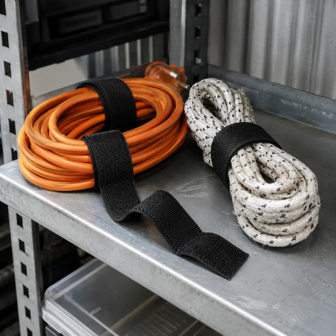 Leads and rope bundled — it grips itself, no adhesive