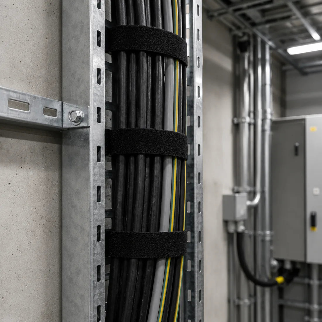 Cable runs secured in a building services riser