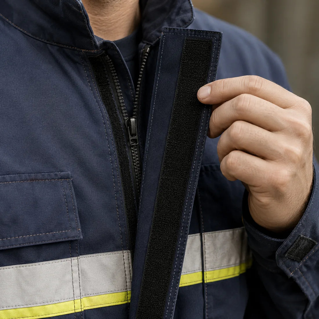 The storm flap on a flame-resistant jacket