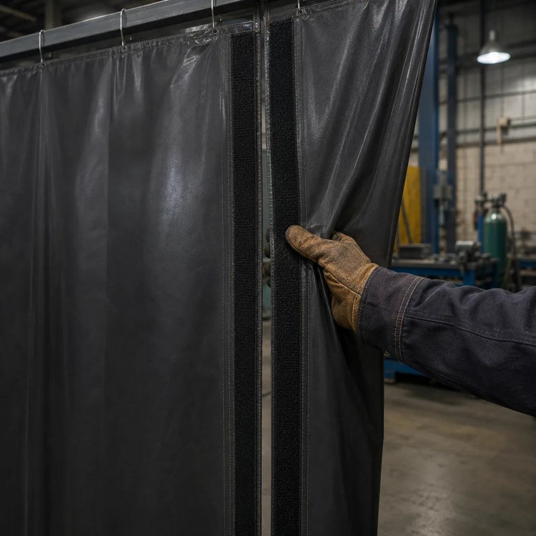 Joining welding curtain panels in a fabrication shop