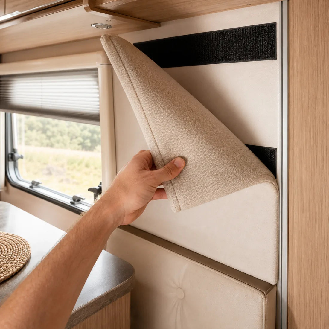 A removable trim panel in a caravan interior