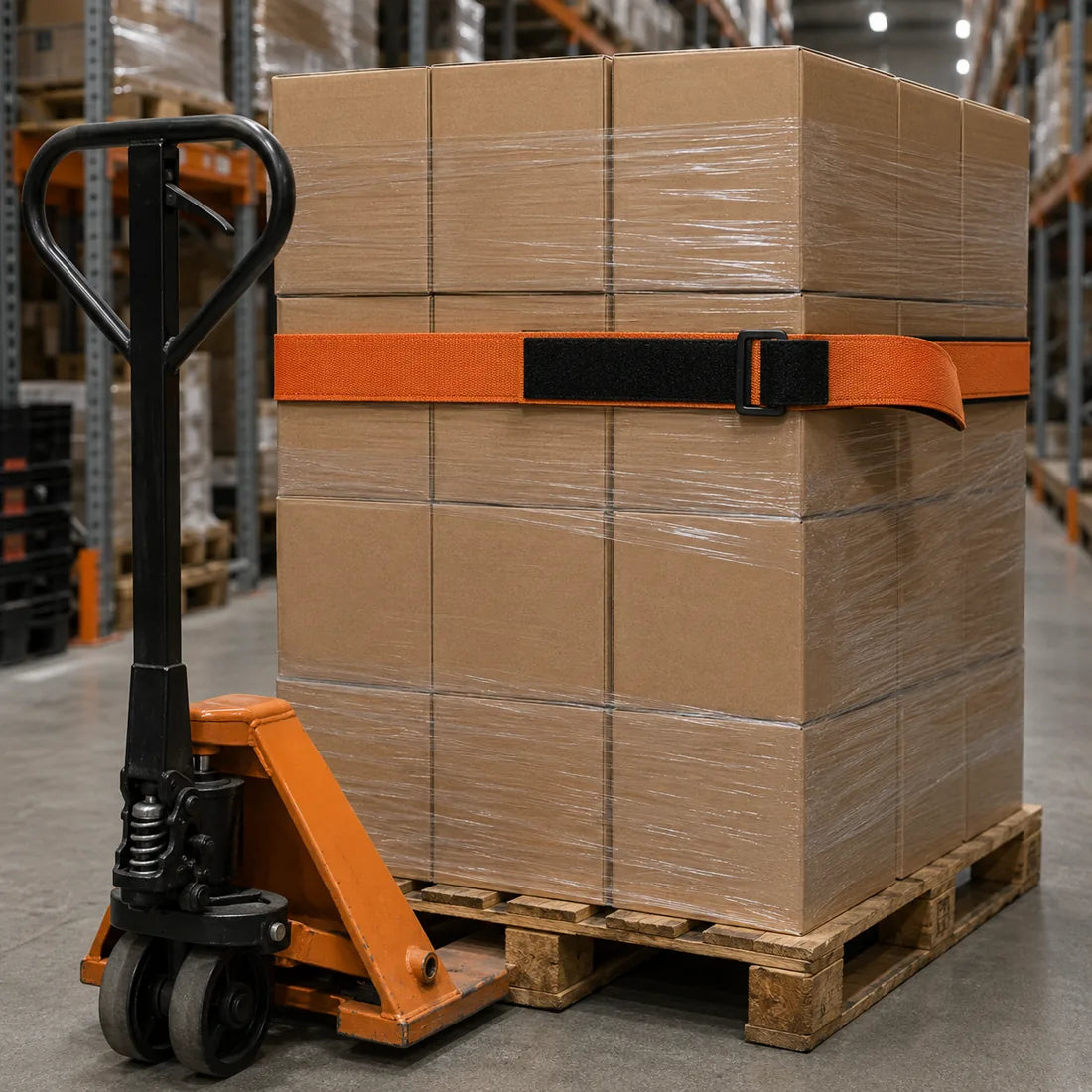 Securing a wrapped pallet load in the warehouse