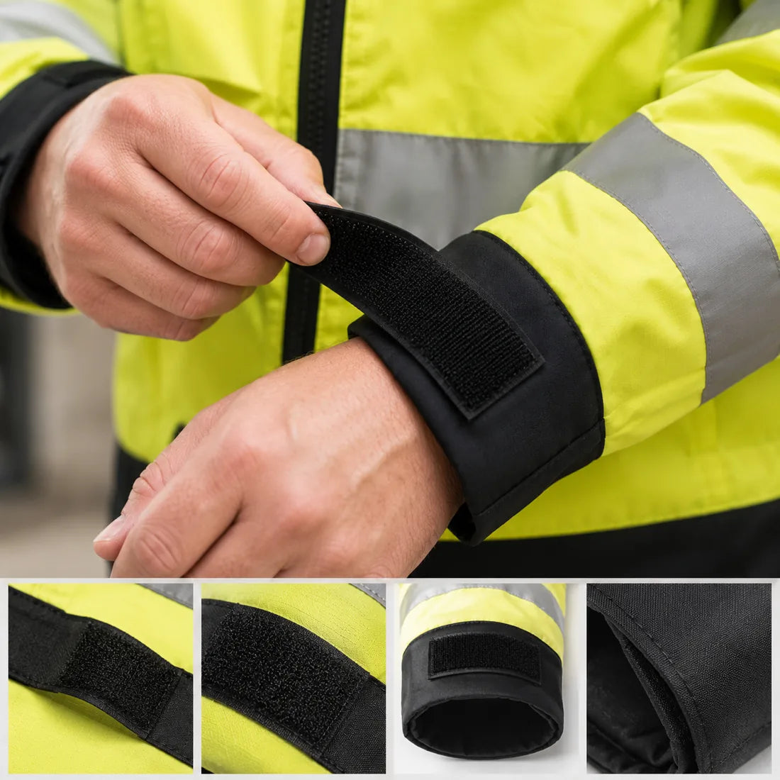The adjustable cuff on a hi-vis work jacket