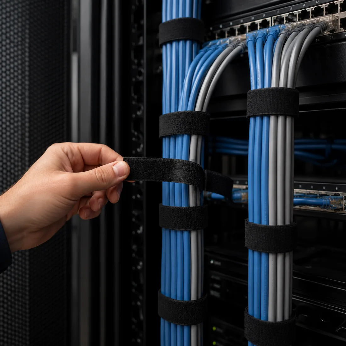 Patch leads bundled in a network cabinet