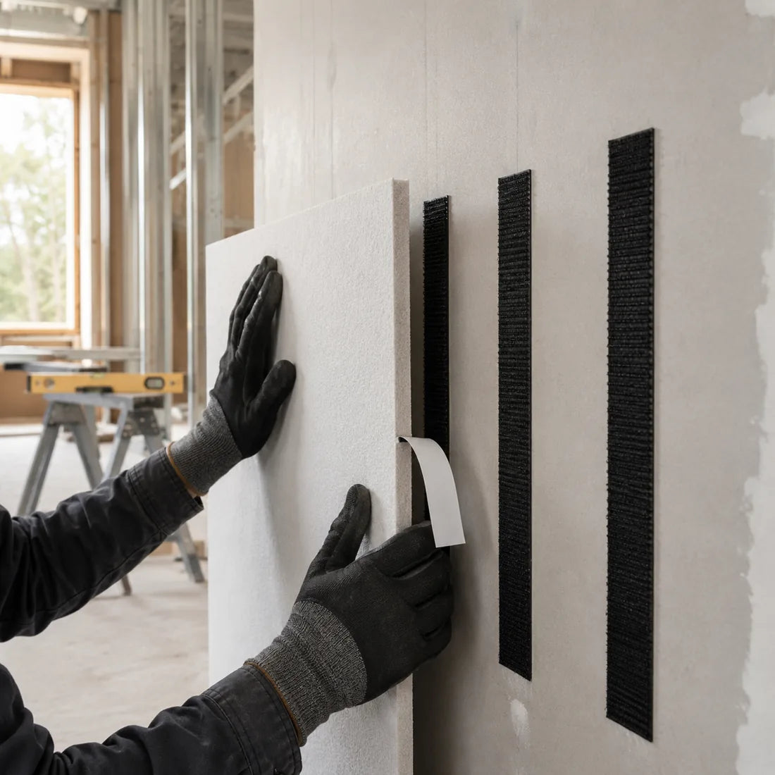 Mounting a wall panel on site — peel the liner, press, done