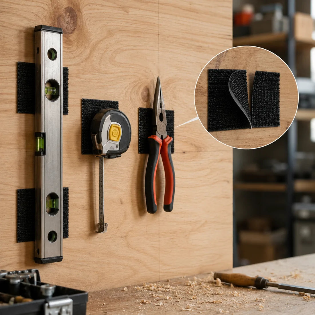 A garage tool board with no hooks, screws or drilling