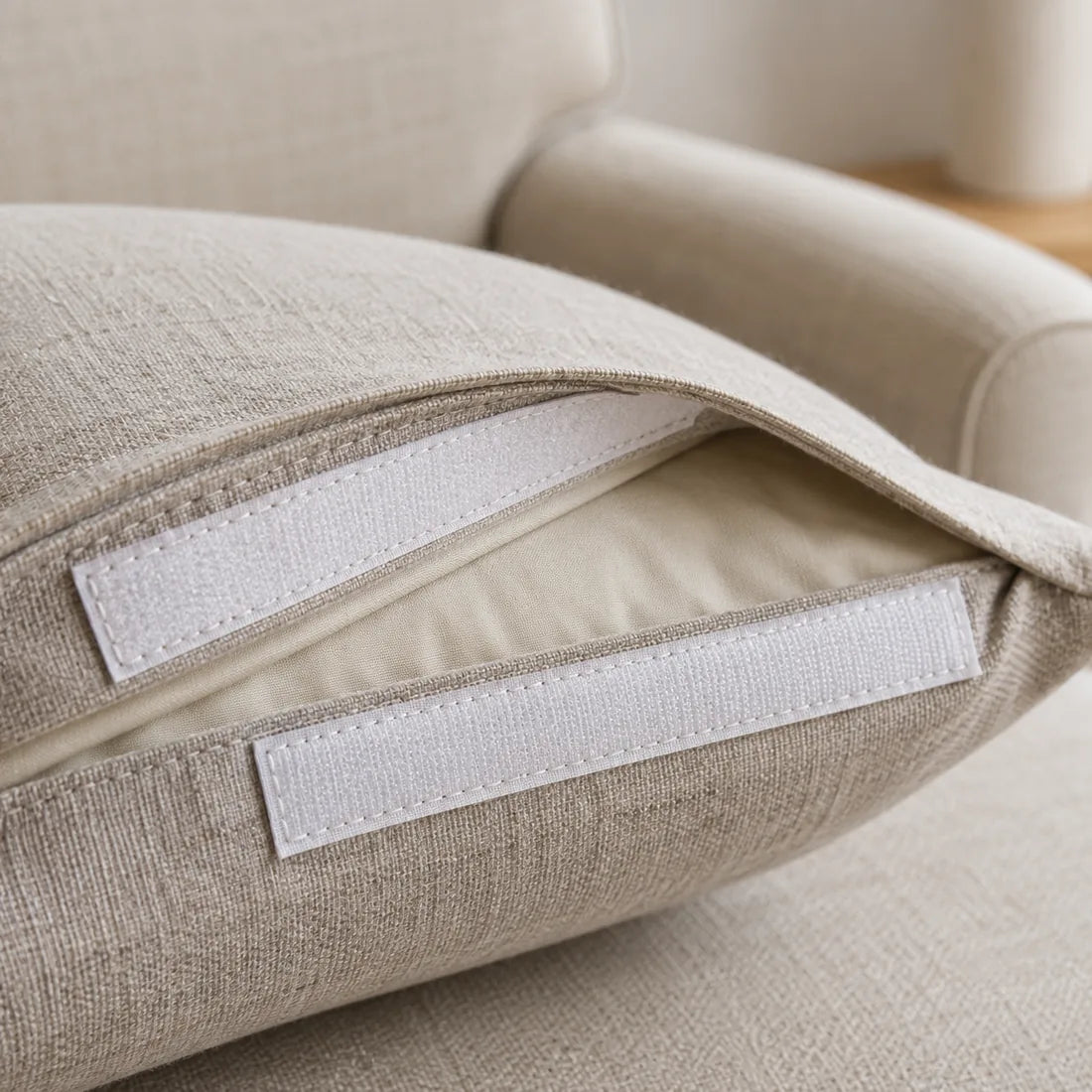 A hidden closure inside a linen cushion cover