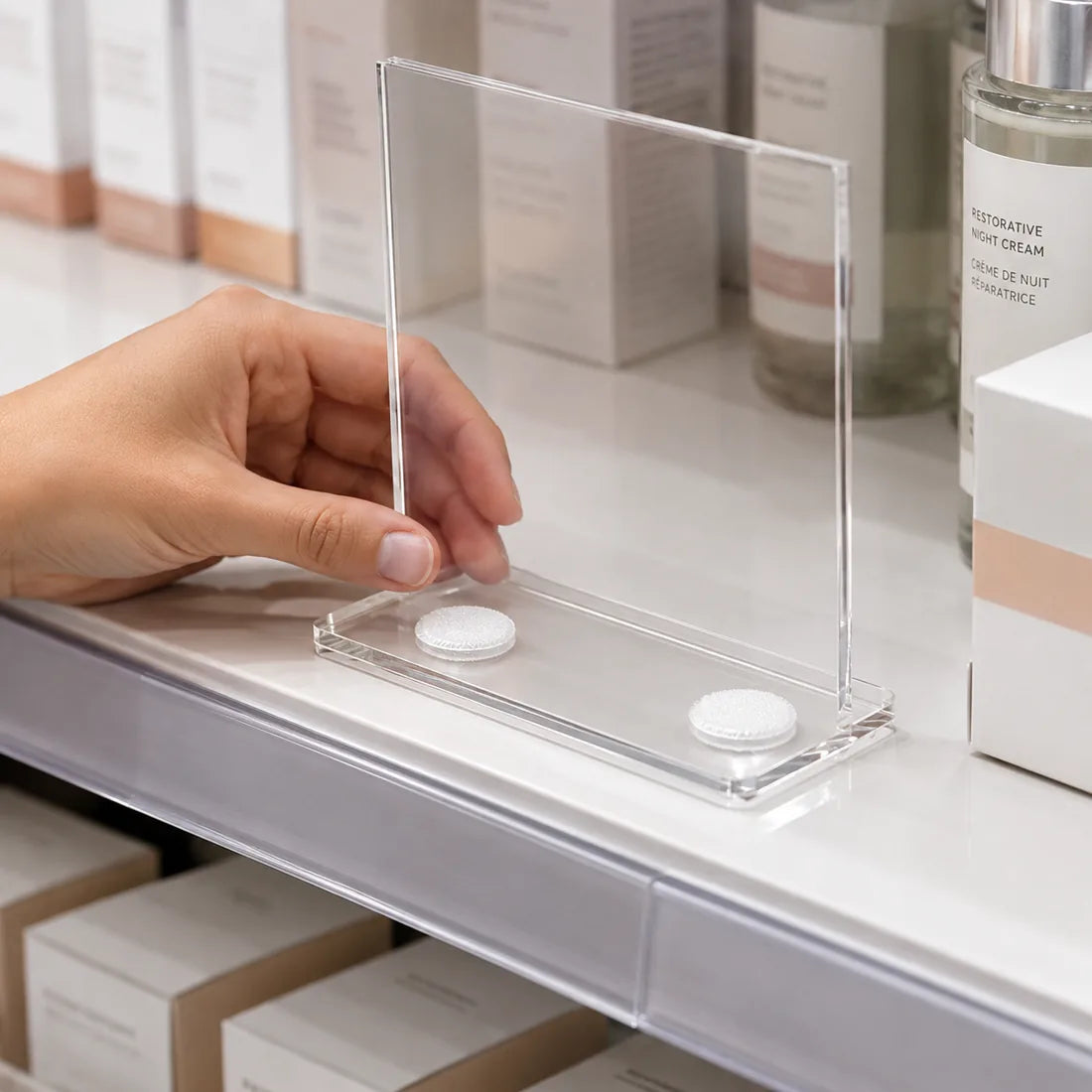 A shelf-edge sign holder, fixed in seconds