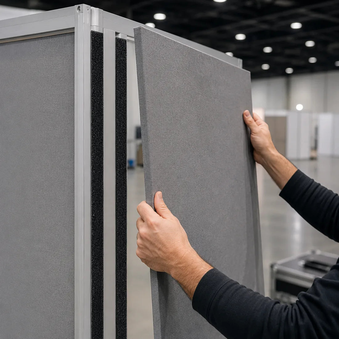 Fabric panels onto an exhibition stand frame